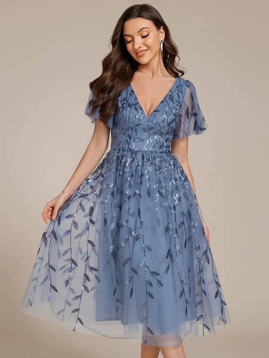 Robe d'invité de mariage formelle mi-longue à paillettes et feuilles à manches courtes