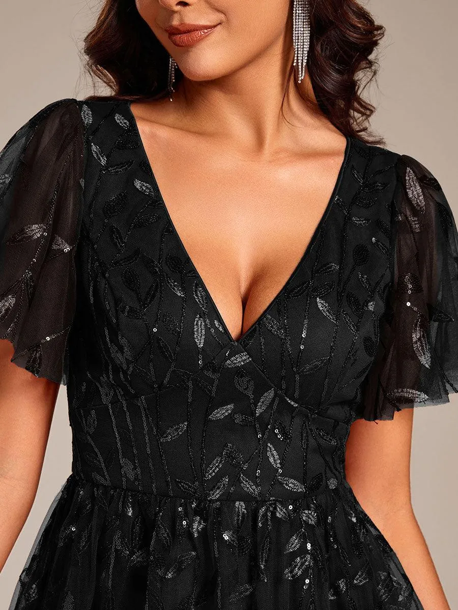 Robe d'invité de mariage formelle mi-longue à paillettes et feuilles à manches courtes