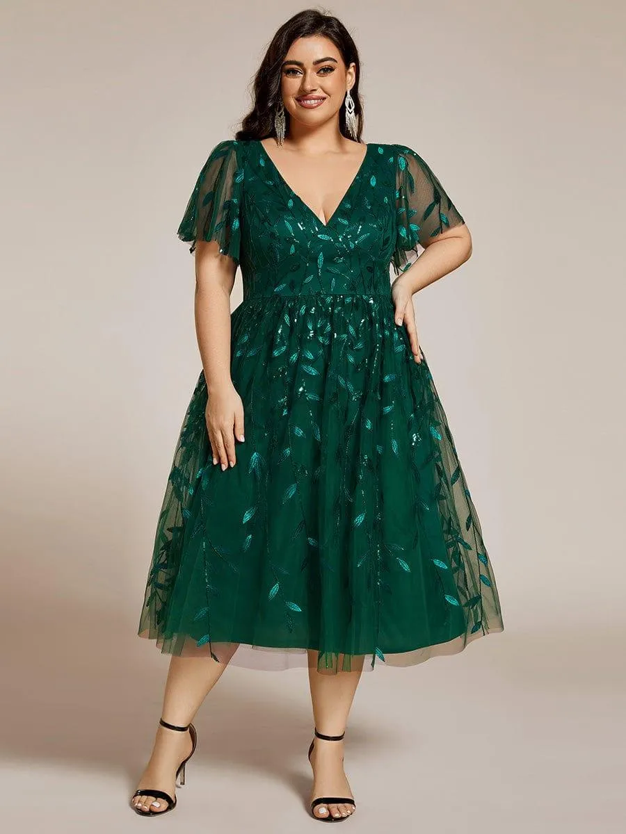 Robe d'invité de mariage formelle mi-longue à paillettes et feuilles à manches courtes