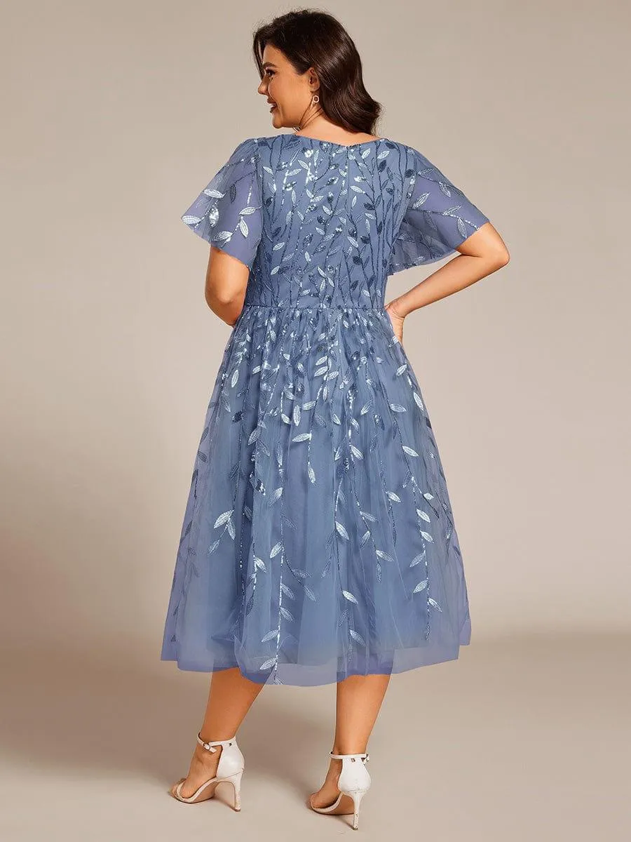 Robe d'invité de mariage formelle mi-longue à paillettes et feuilles à manches courtes