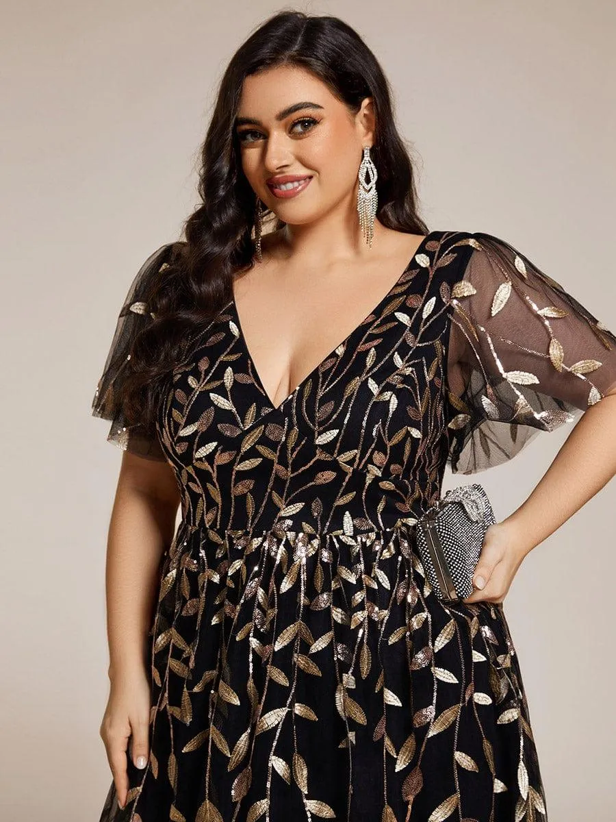 Robe d'invité de mariage formelle mi-longue à paillettes et feuilles à manches courtes