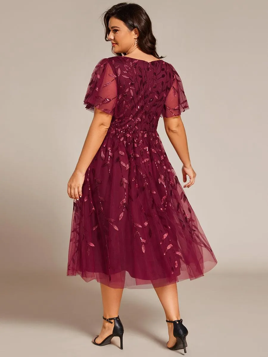 Robe d'invité de mariage formelle mi-longue à paillettes et feuilles à manches courtes