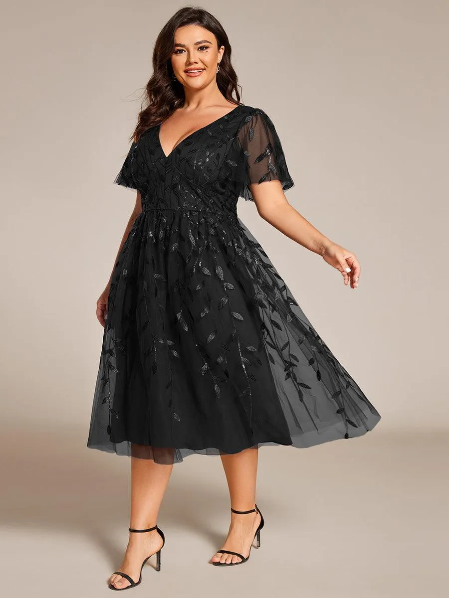 Robe d'invité de mariage formelle mi-longue à paillettes et feuilles à manches courtes