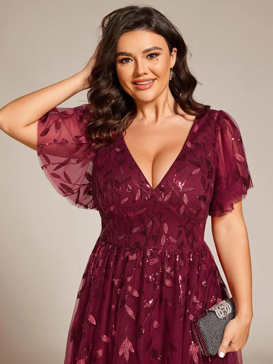 Robe d'invité de mariage formelle mi-longue à paillettes et feuilles à manches courtes