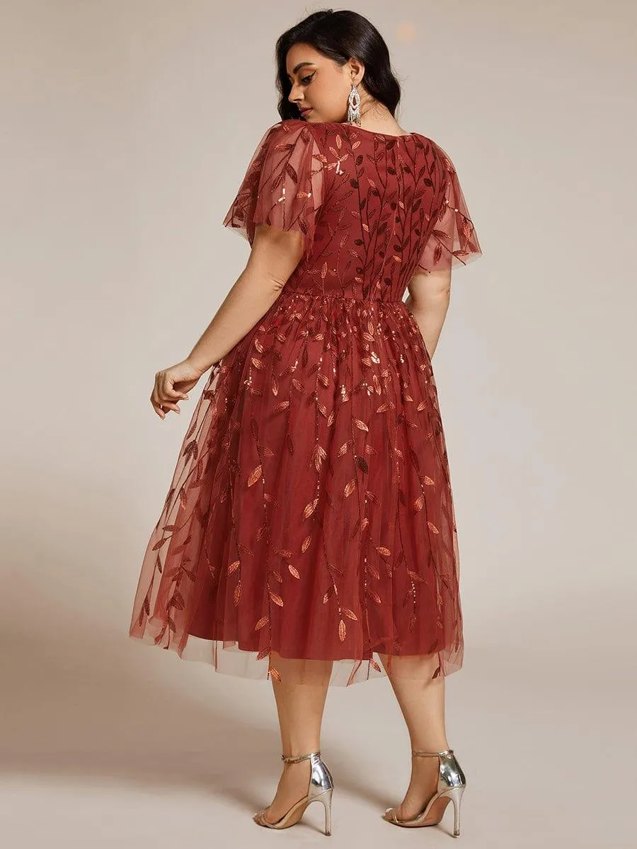 Robe d'invité de mariage formelle mi-longue à paillettes et feuilles à manches courtes