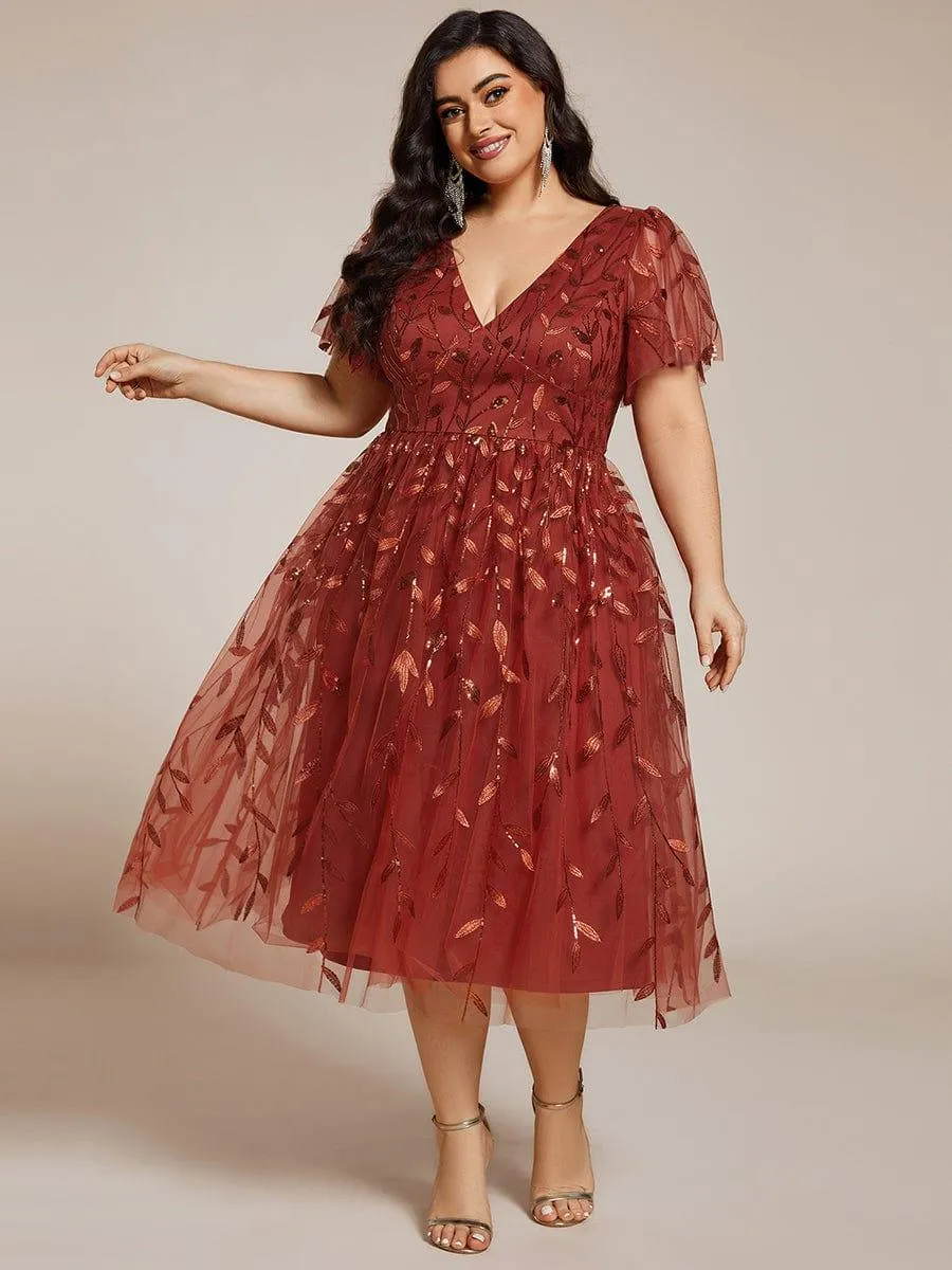 Robe d'invité de mariage formelle mi-longue à paillettes et feuilles à manches courtes