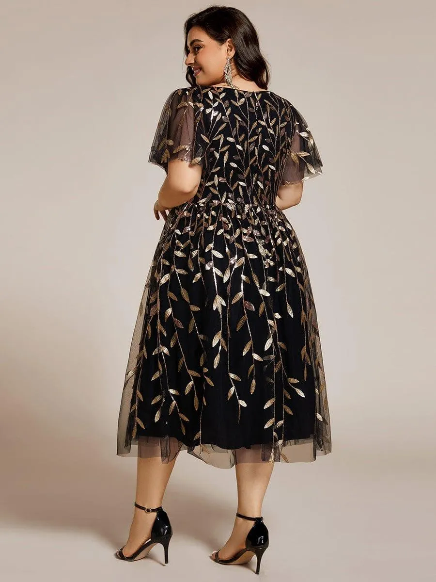 Robe d'invité de mariage formelle mi-longue à paillettes et feuilles à manches courtes