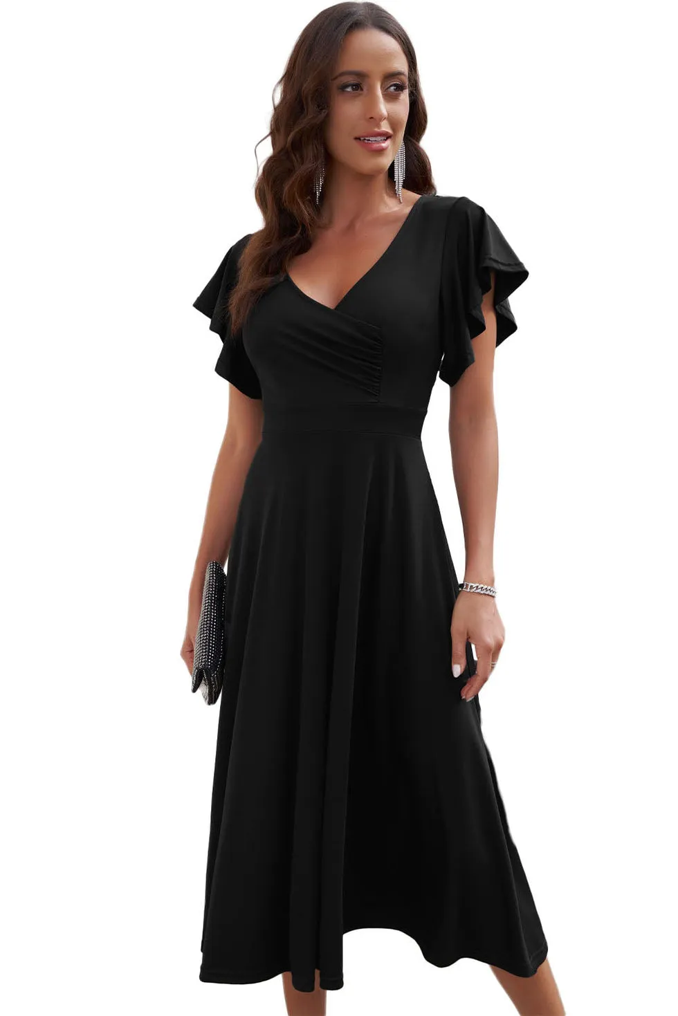 Robe midi portefeuille avec manches volantées et décolleté en V parfaite pour les événements chics