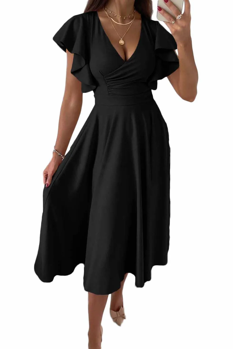Robe midi portefeuille avec manches volantées et décolleté en V parfaite pour les événements chics