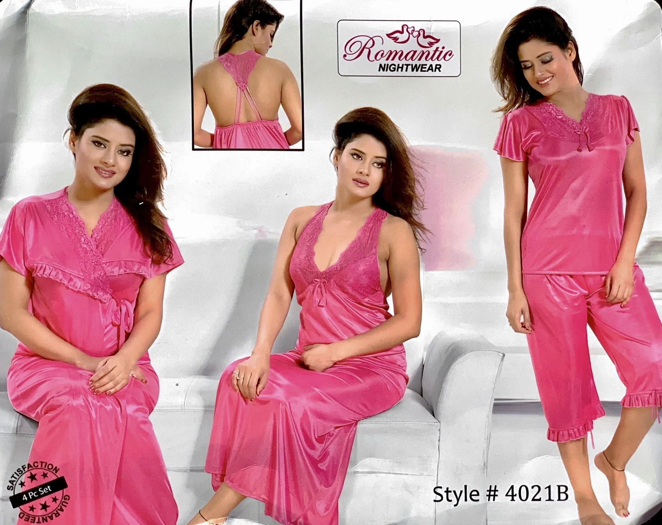 Romantic Nightwear - 4Pcs Bridal Nighty Sets - 4021 - Long Nighty with Gown & Sexy Pajama Set