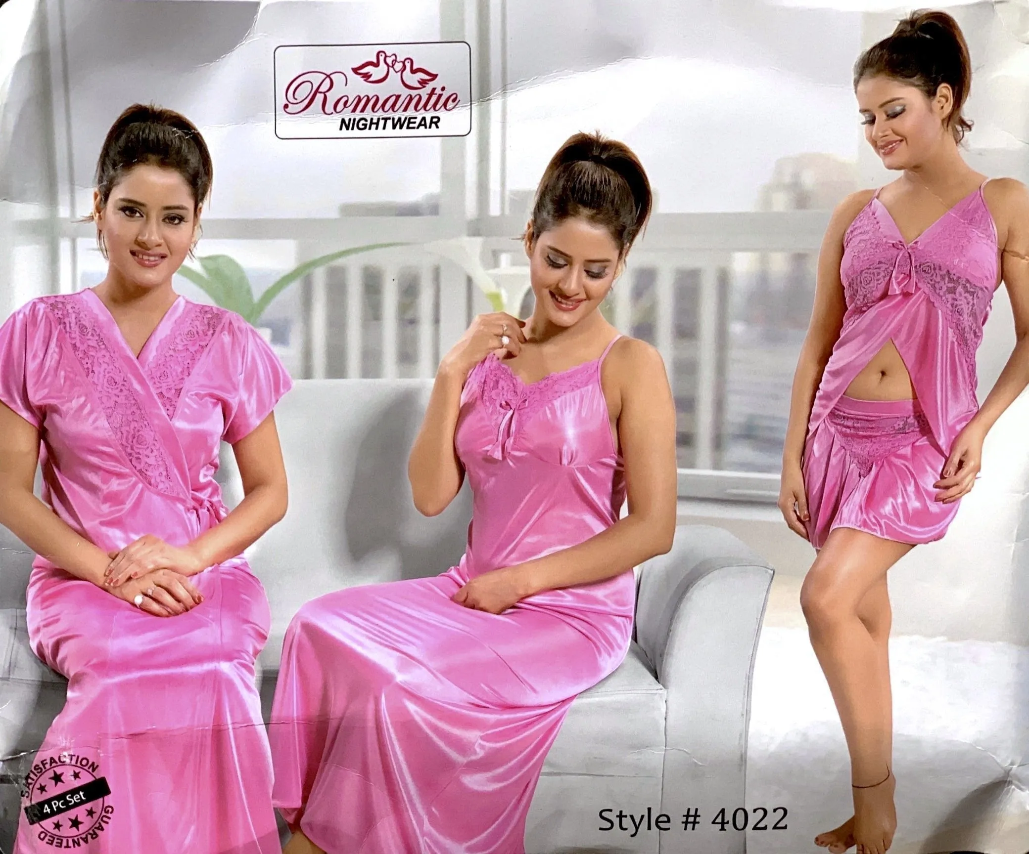 Romantic Nightwear - 4Pcs Bridal Nighty Sets - 4022 - Long Nighty with Gown & Cami Set