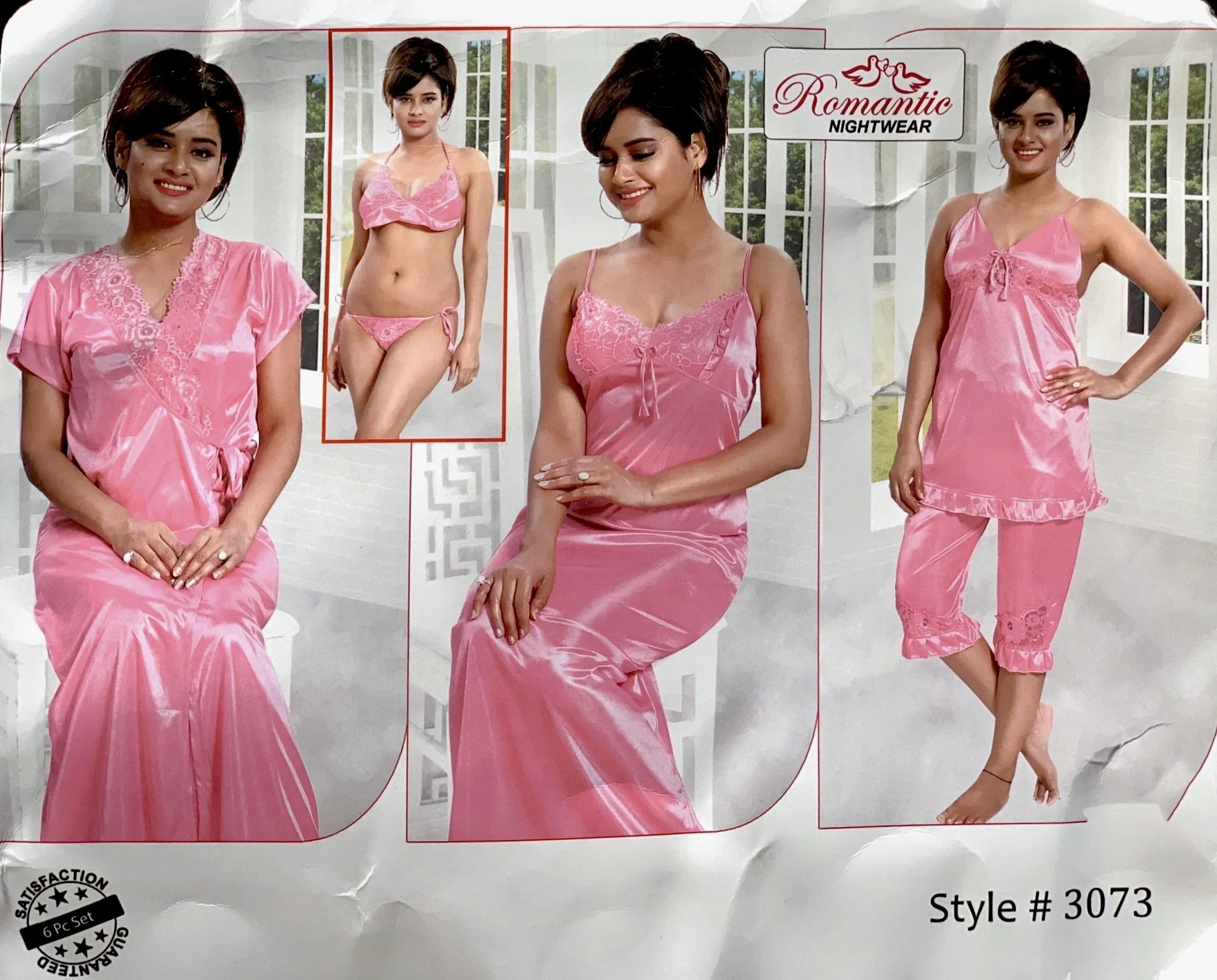 Romantic Nightwear - 6Pcs Bridal Nighty Sets - 3073 - Long Nighty with Gown, Pajama Set & Sexy Bikini Set