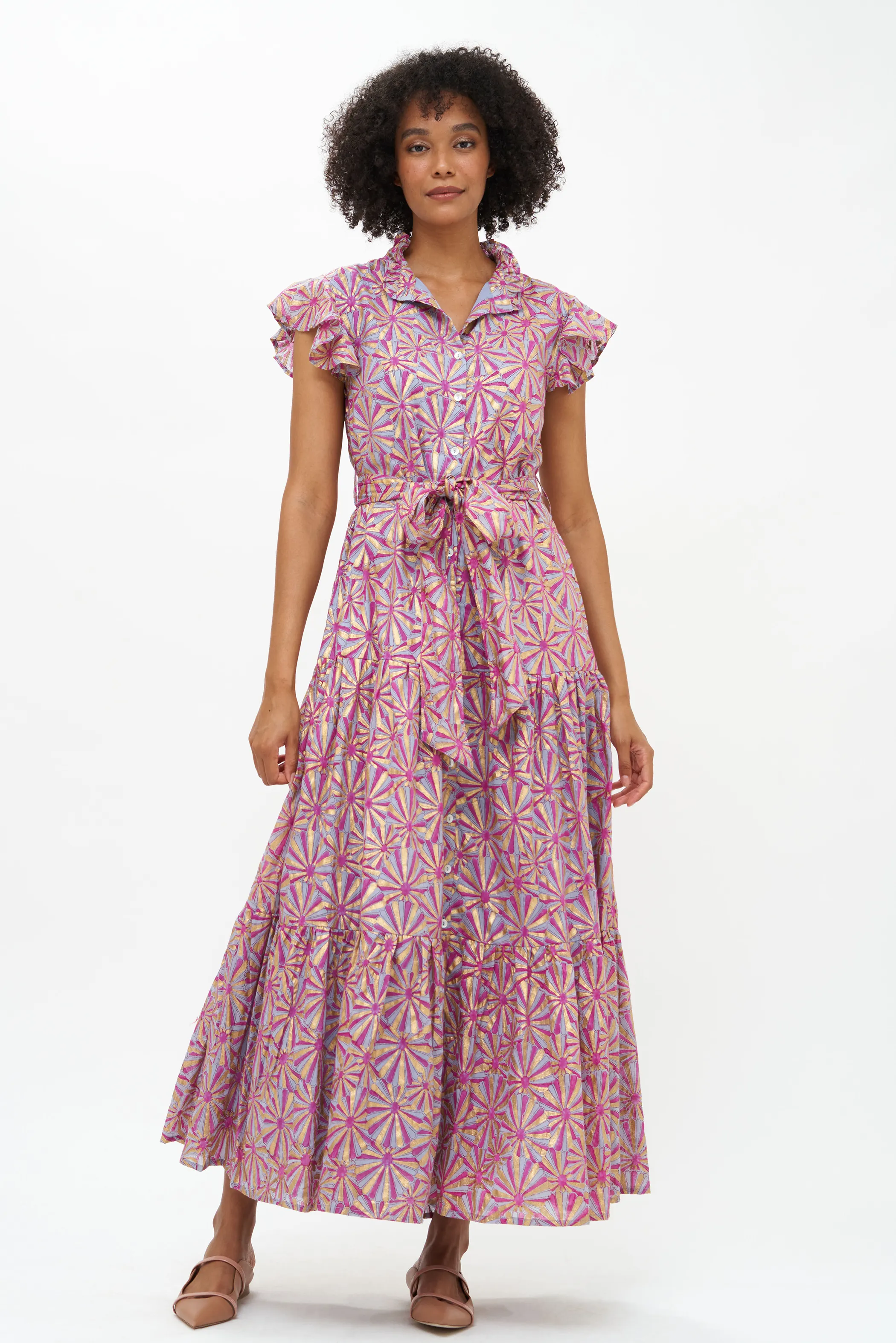 Ruffle Collar Button Maxi- Roman Blue