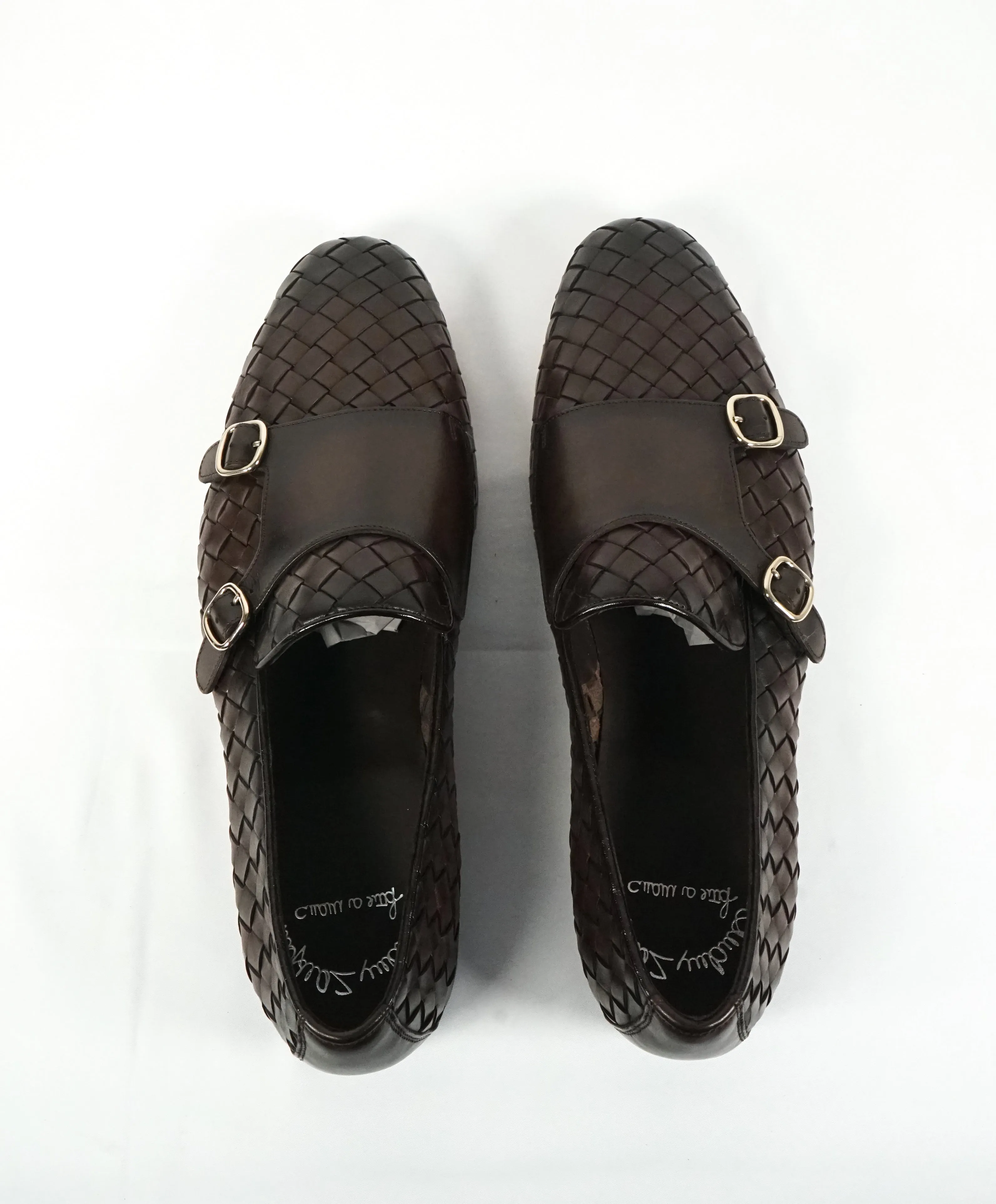 SANTONI - Brown Hand-Antiqued Woven Leather Monk Strap Loafers - 10.5