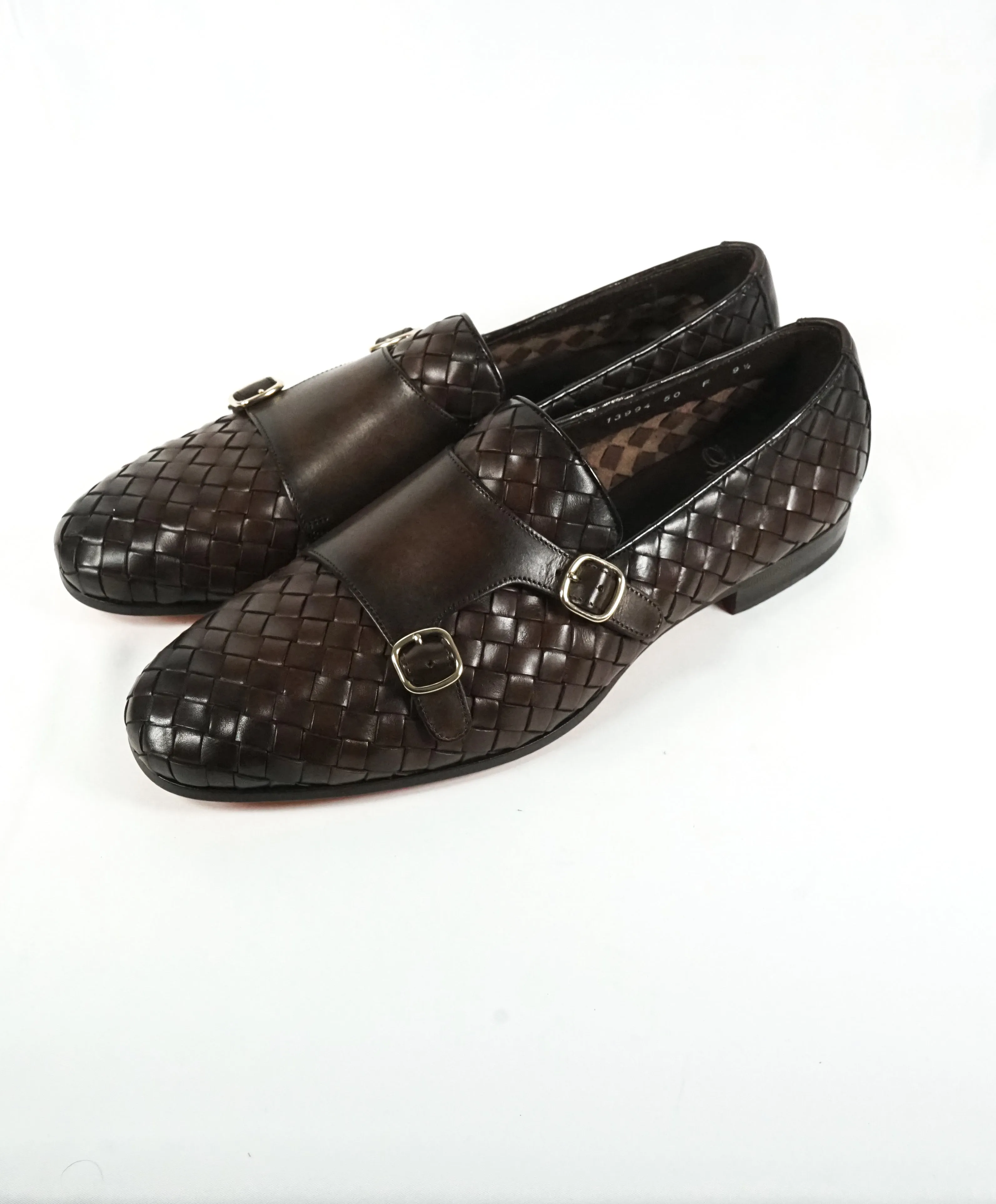SANTONI - Brown Hand-Antiqued Woven Leather Monk Strap Loafers - 10.5