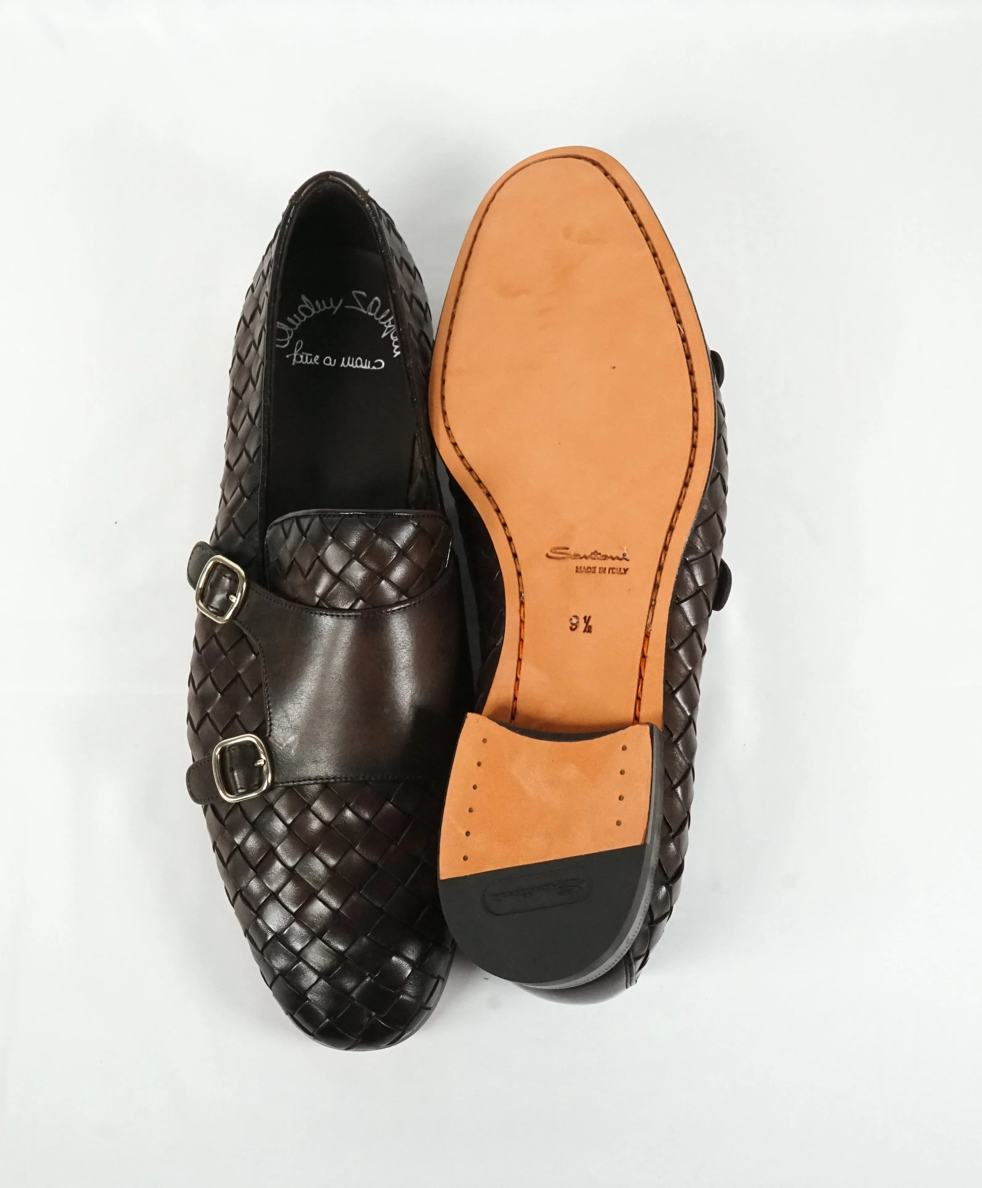 SANTONI - Brown Hand-Antiqued Woven Leather Monk Strap Loafers - 10.5