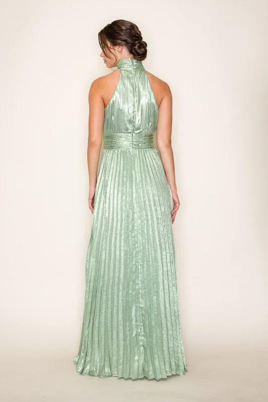 Satin Pleated Halter Midi Dress