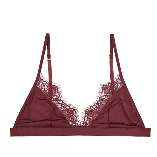 Satin Soft Bra Comfortable Wireless Eyelash Lace Trim Bralette Seamless Bra