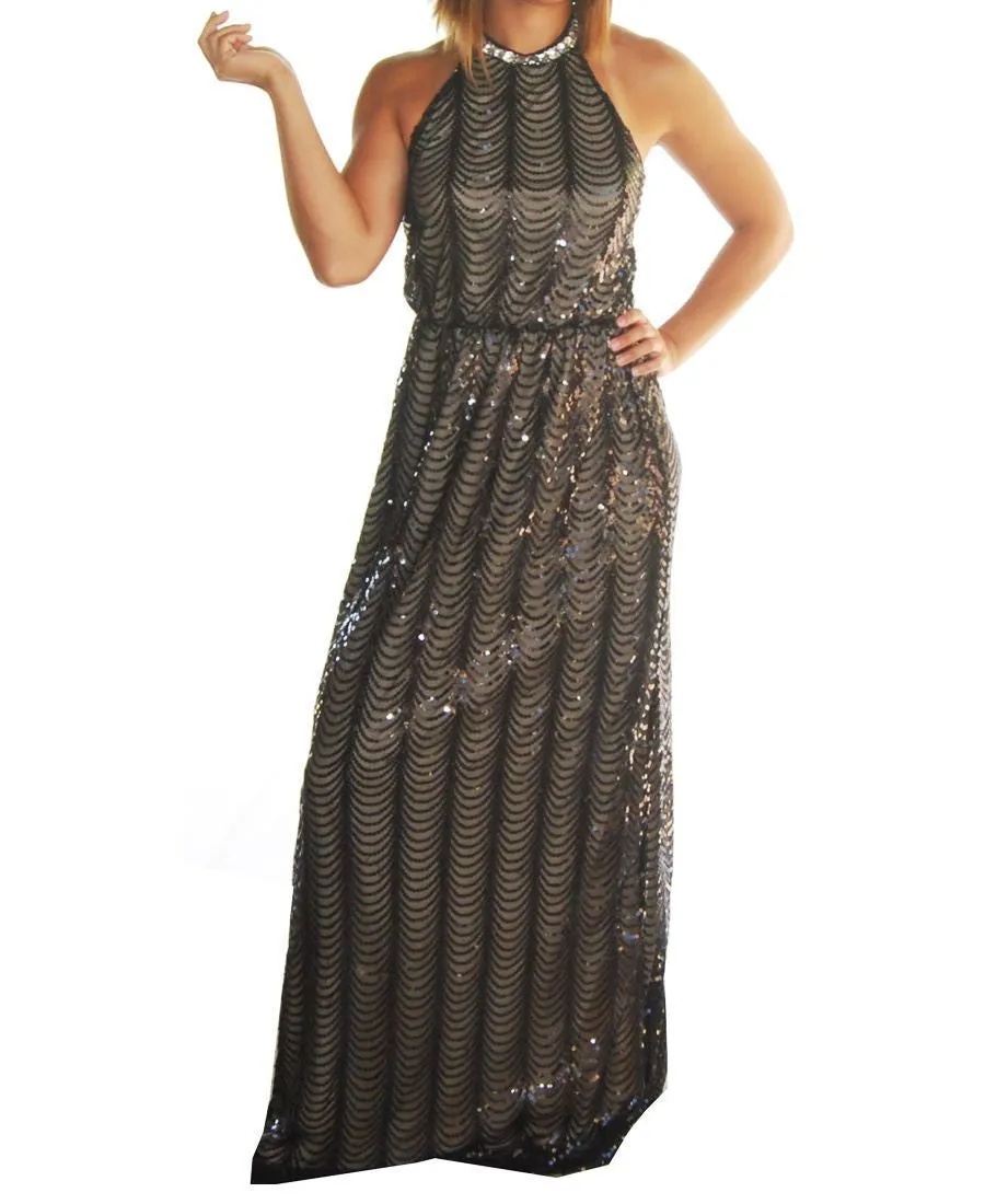 Sexy Black Nude Sleeveless Sequin Halter Top Party Gown Maxi Dress