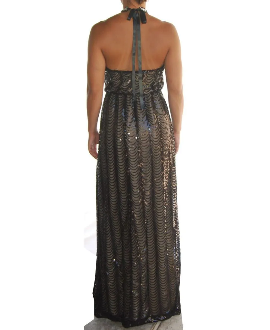 Sexy Black Nude Sleeveless Sequin Halter Top Party Gown Maxi Dress