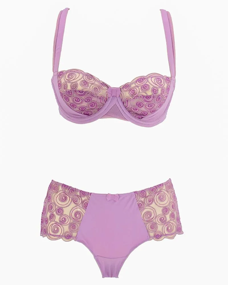 Sexy Bridal Net Lingerie Bra Panty Set - Rose Bra Panty Set - Purple