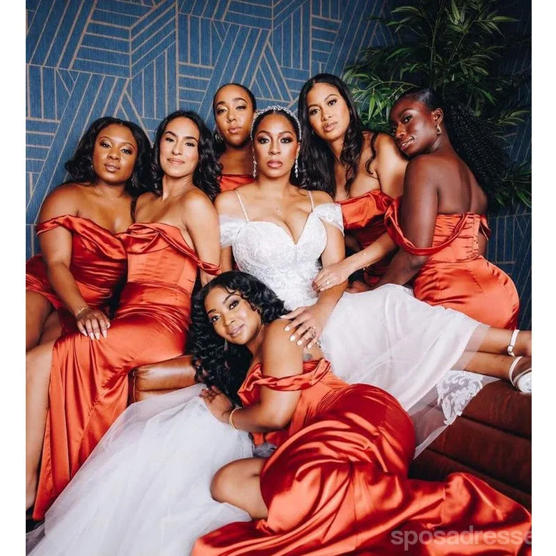 Sexy Burnt Orange Mermaid Off Shoulder Maxi Long Wedding Guest Bridesmaid Dresses,WG1750