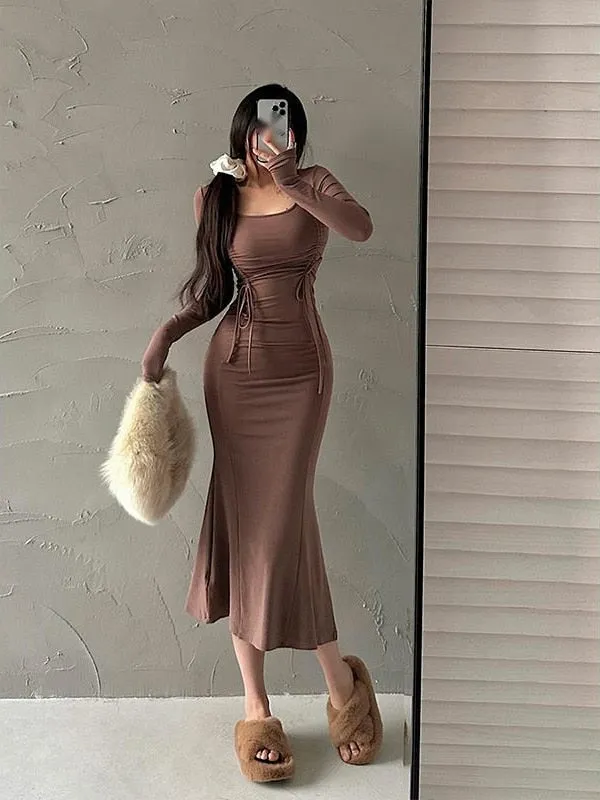 Sexy Drawstring Pleated Long Maxi Dresses