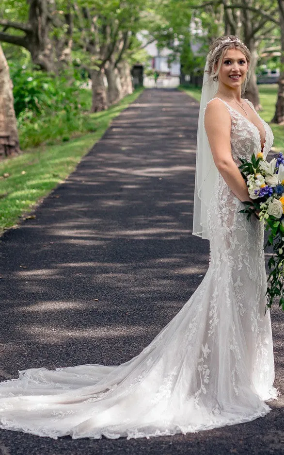 Sexy Floral Mermaid Bohemian Lace Maxi Wedding Dress Gorgeous Beach Garden Spaghetti Straps Plunging Neckline Deep-V Back Bridal Gown