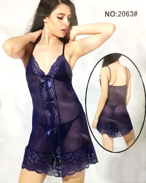 Sexy Lace Cotton Net Short Nighty For Women - 2063#