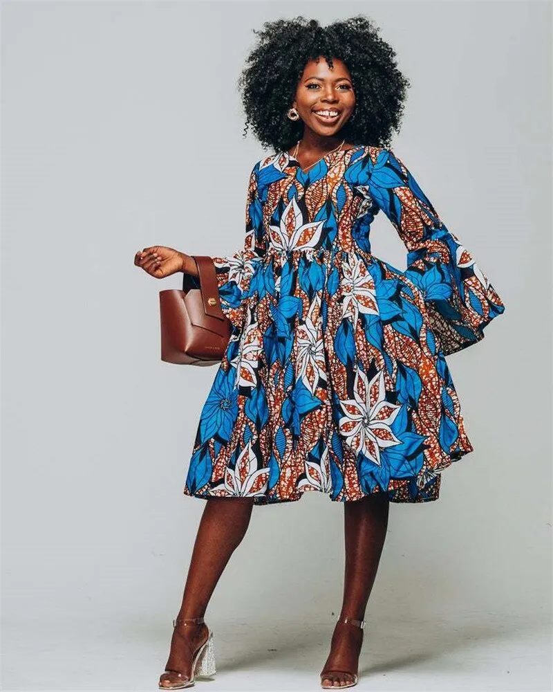 Sexy V Neck Mini Dress Women African Clothes 2022 Summer New Dashiki Floral Print Dress Casual Party African Dresses for Women