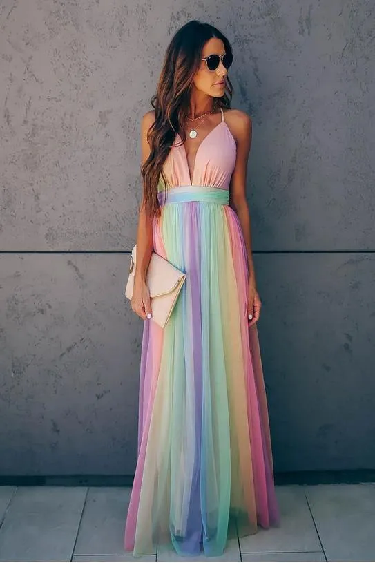 Sexy Women Rainbow Design Long Maxi Dresses