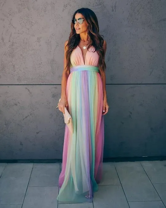 Sexy Women Rainbow Design Long Maxi Dresses
