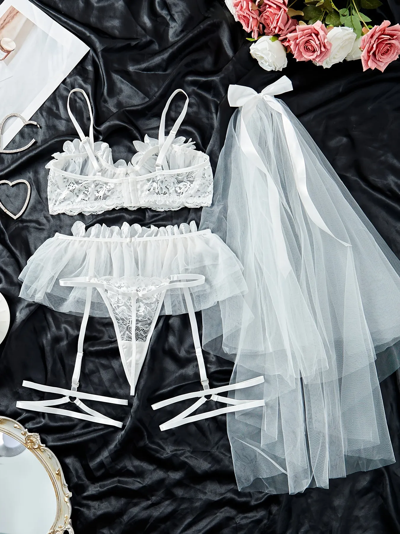 Sexy Women's Bra & Thong Set Lingerie with Garter Belt & Bridal Headpiece