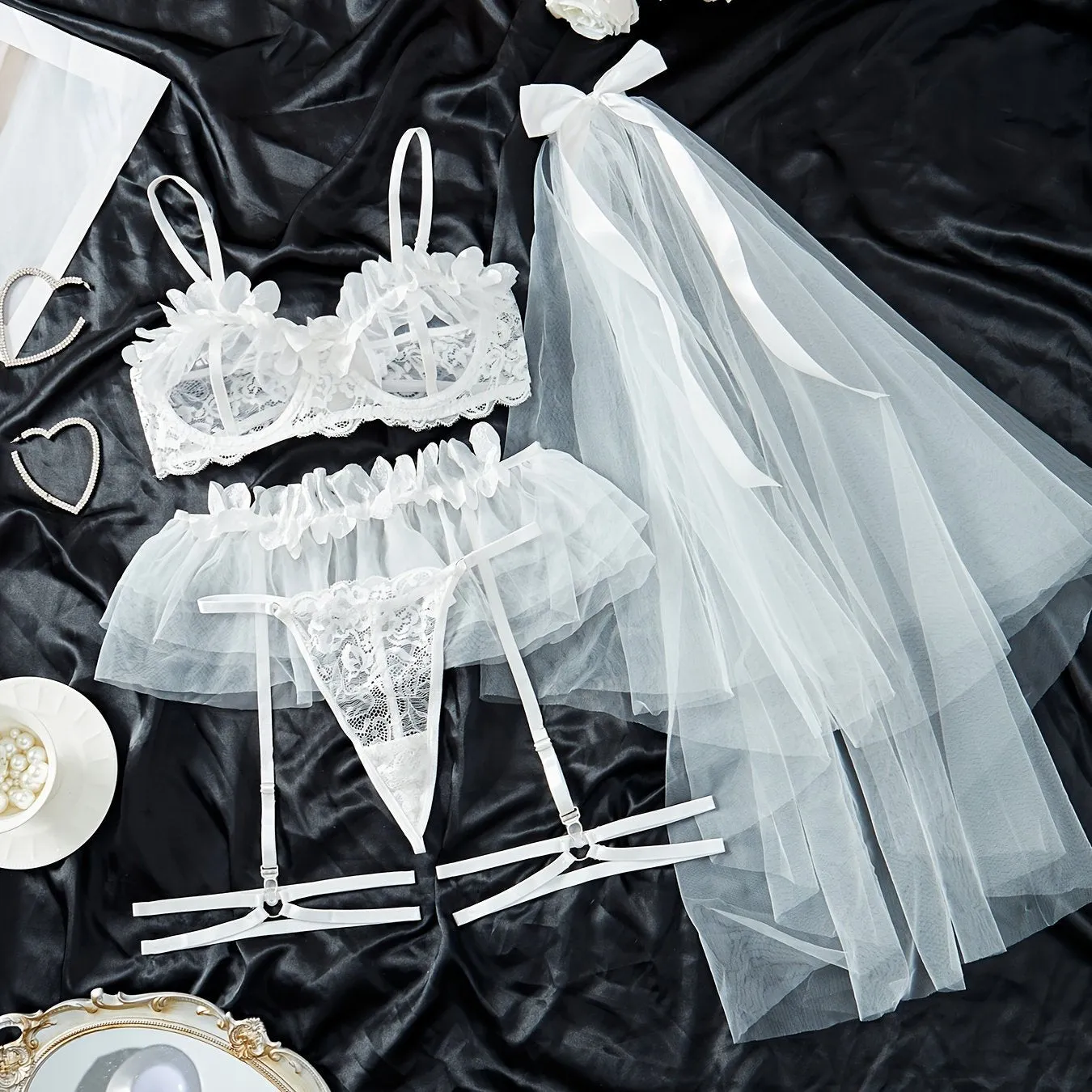 Sexy Women's Bra & Thong Set Lingerie with Garter Belt & Bridal Headpiece