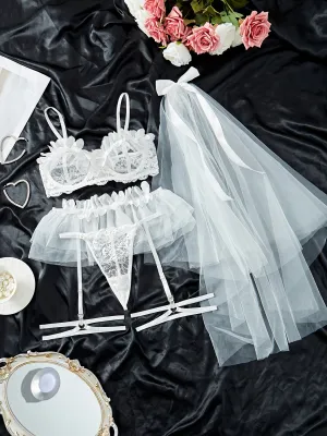 Sexy Women's Bra & Thong Set Lingerie with Garter Belt & Bridal Headpiece