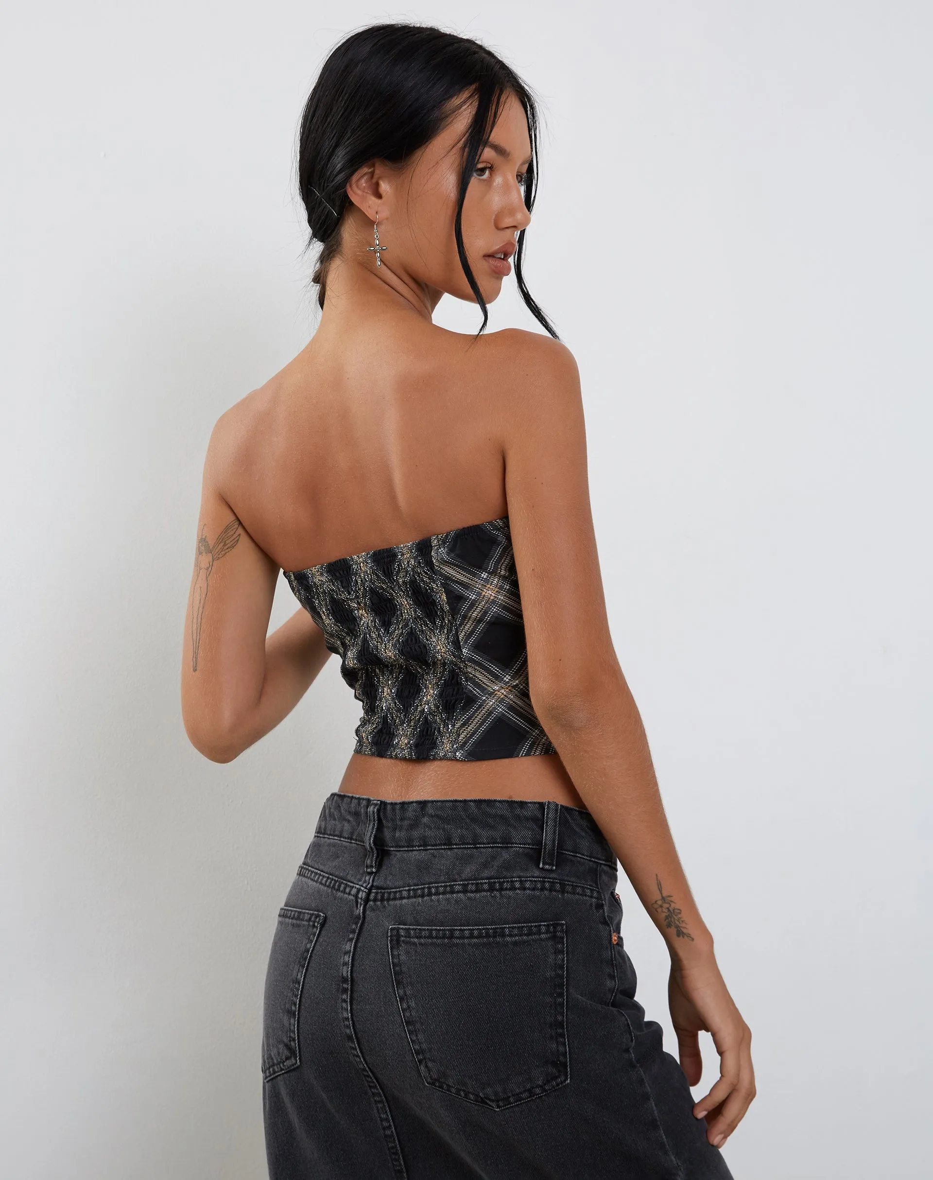 Shaloe Bandeau Top and Scarf Set in Black and Grey Check