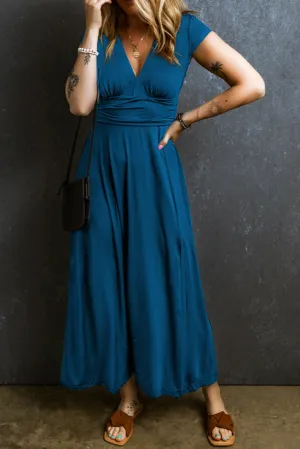 Shirred High Waist V Neck Maxi Dress