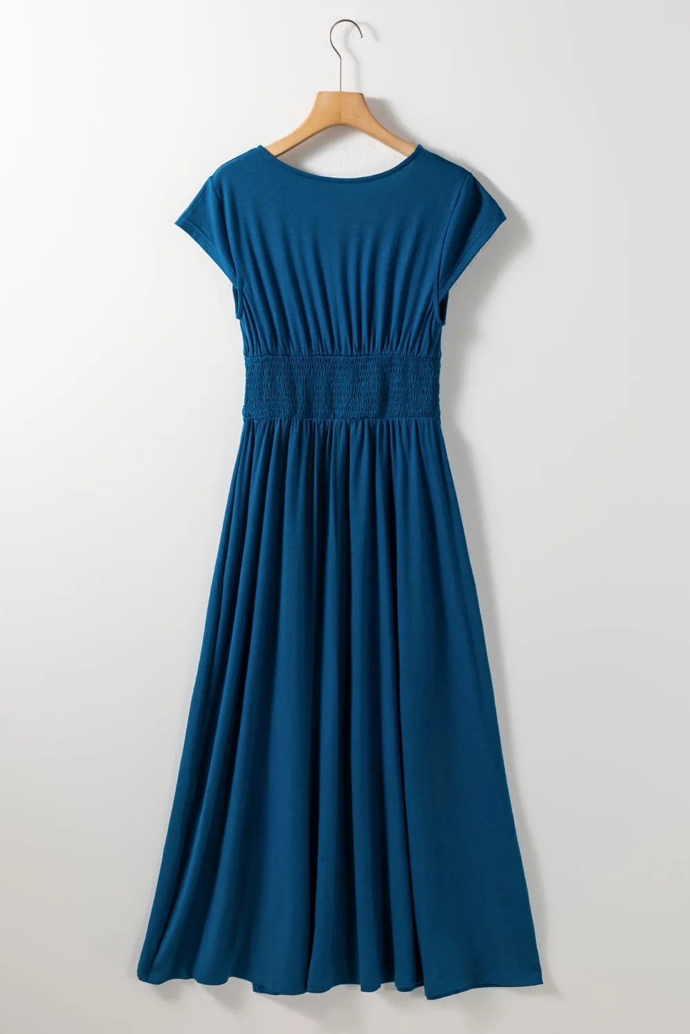 Shirred High Waist V Neck Maxi Dress