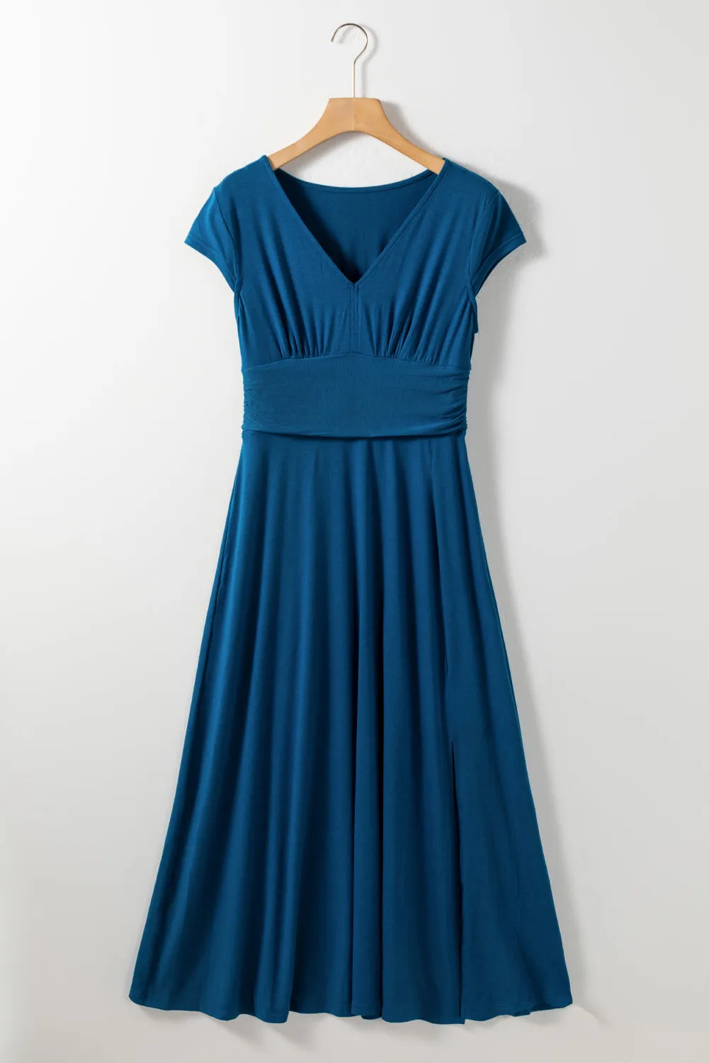 Shirred High Waist V Neck Maxi Dress