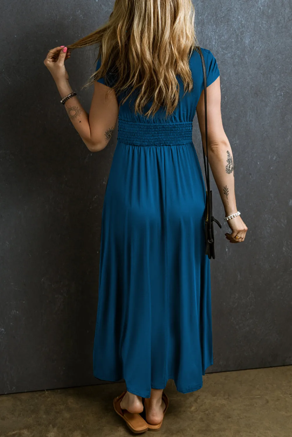 Shirred High Waist V Neck Maxi Dress