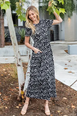 SHORT SLEEVE ANIMAL PRINT ELASTIC WAIST MAXI DRESS