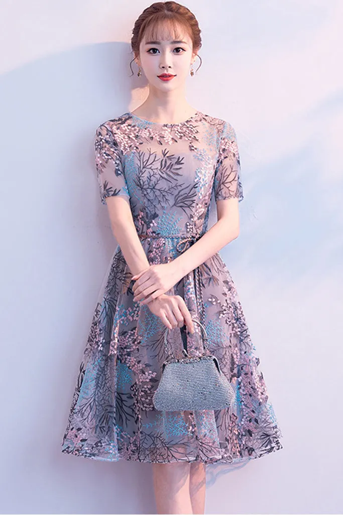 Short Sleeve Embroidered Tulle Midi Dress