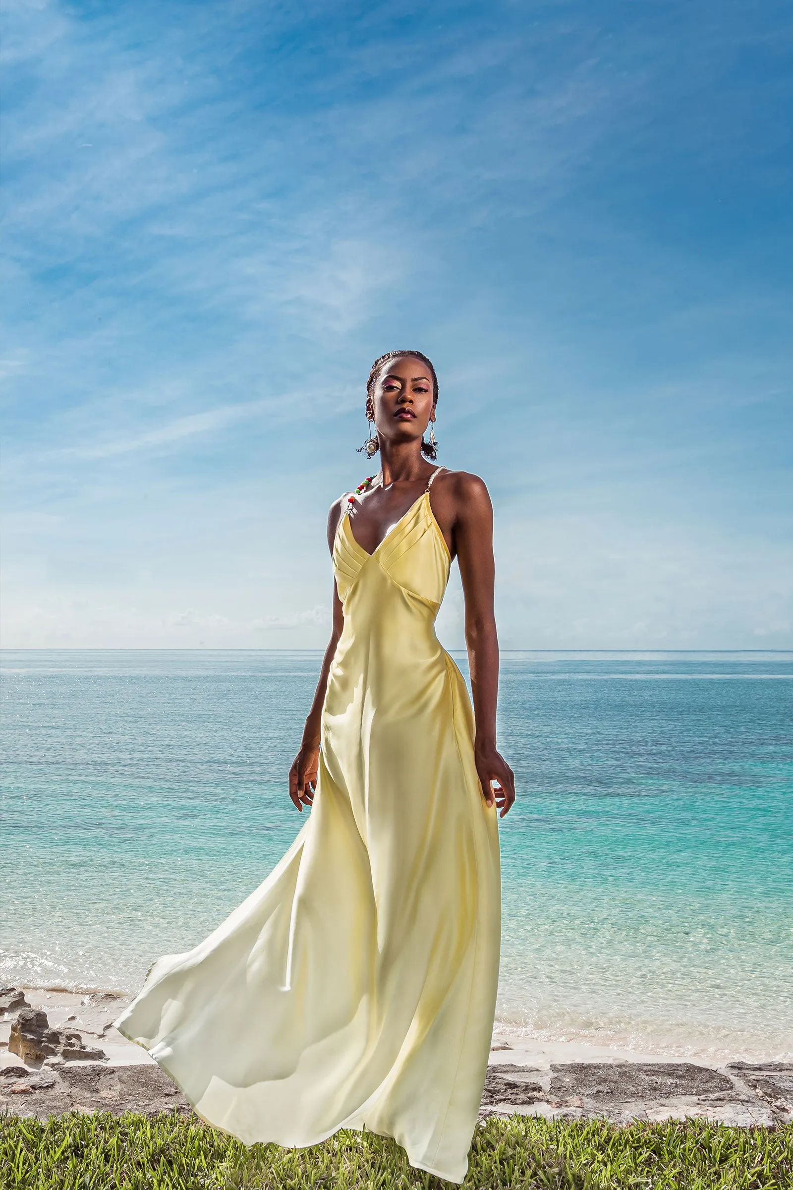 Silk Bead Maxi Dress Yellow