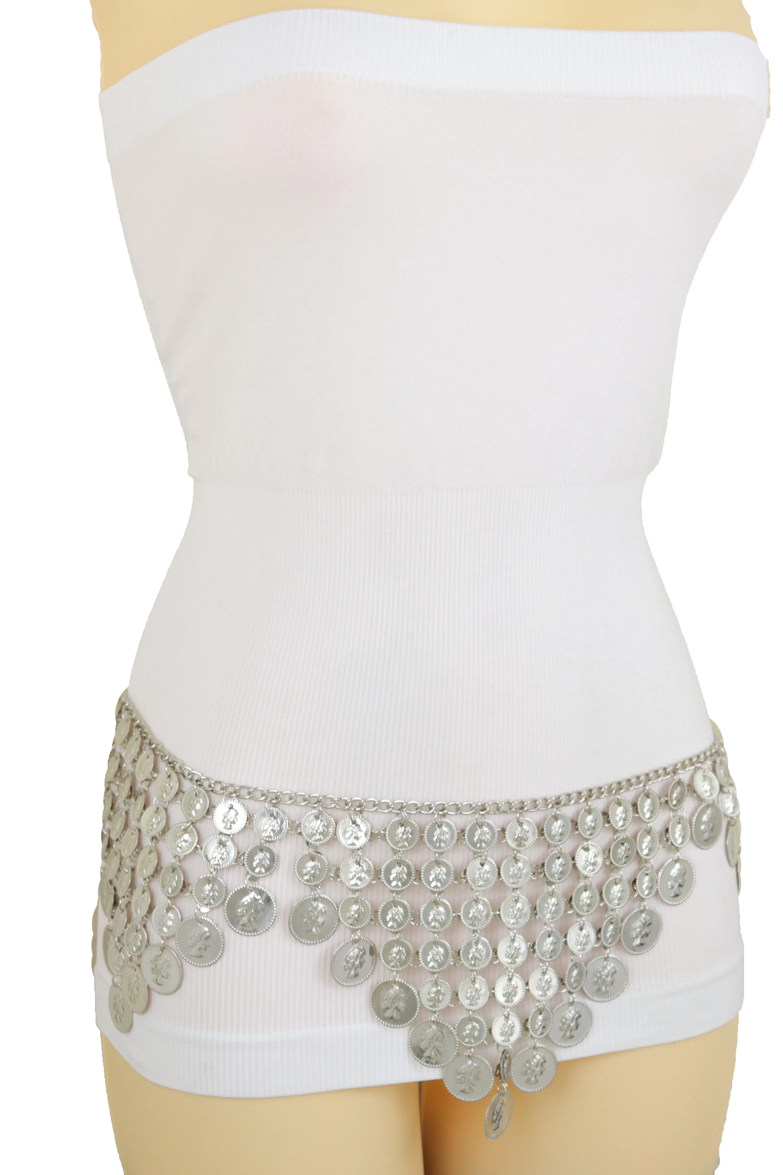 Silver Metal Chain Coin Charms Bling Belt Belly Dance Hip High Waist Fit S M