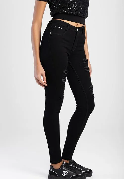 Sissy Boy Sinclair: Mid-Waist Skinny With Rip And Repair With Sequin Black