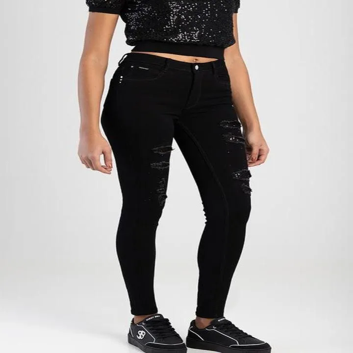 Sissy Boy Sinclair: Mid-Waist Skinny With Rip And Repair With Sequin Black
