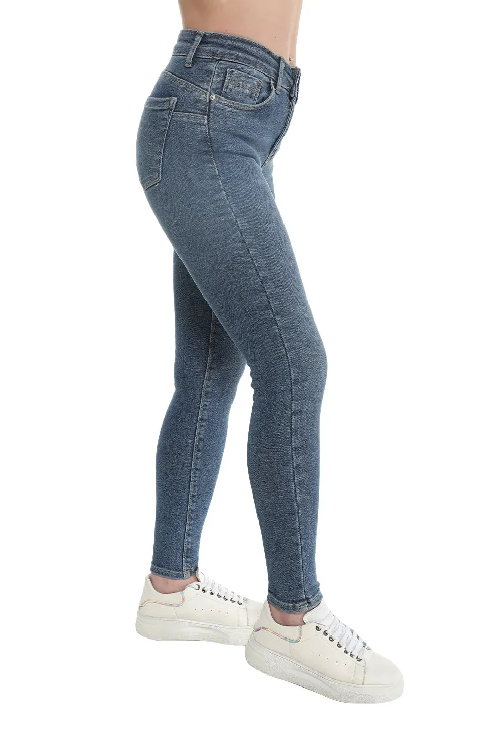 Skinny Blue Jeans With Zipper & Button To Close
