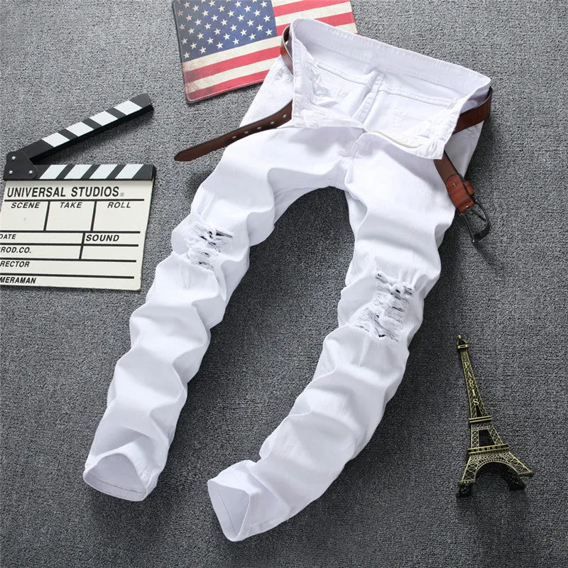 Skinny Mid Waisted Jeans Elasticity Pencil Pants Men's Ripped Jeans