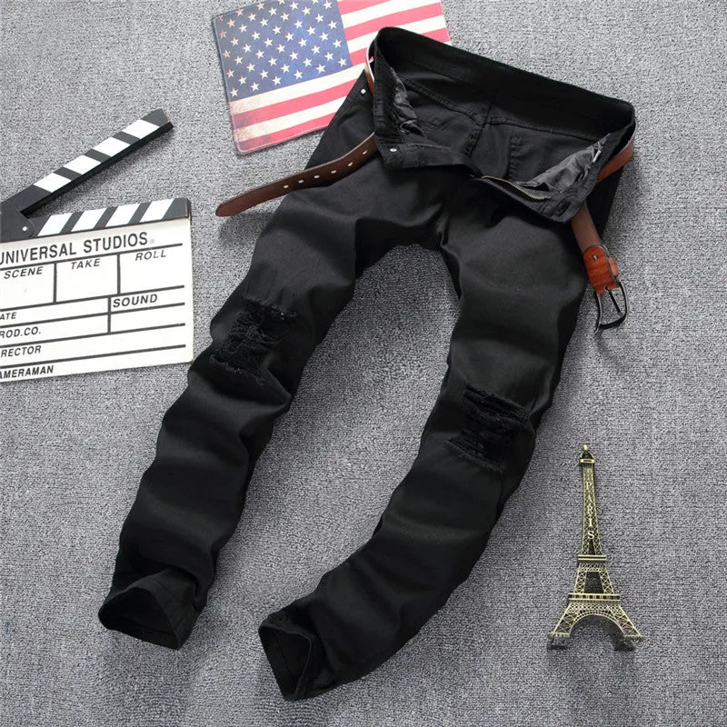 Skinny Mid Waisted Jeans Elasticity Pencil Pants Men's Ripped Jeans