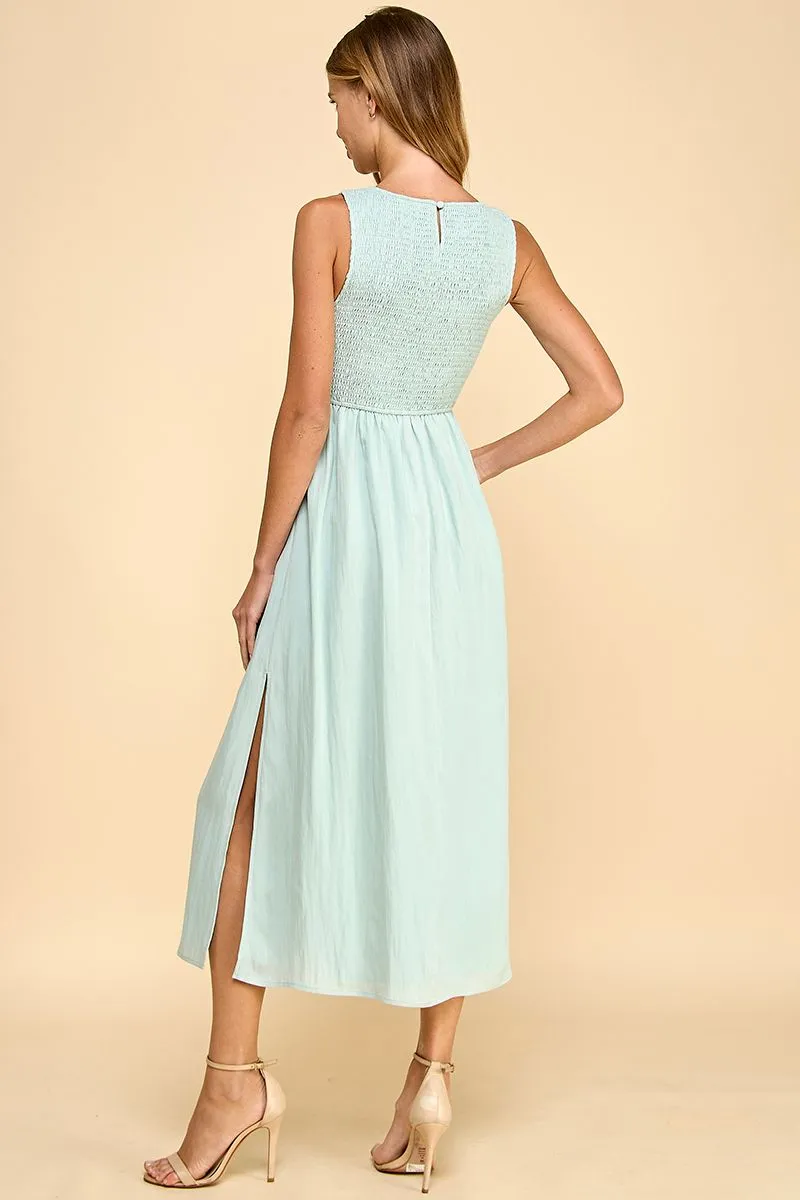 Sleeveless Smocked Bodice Midi Dress
